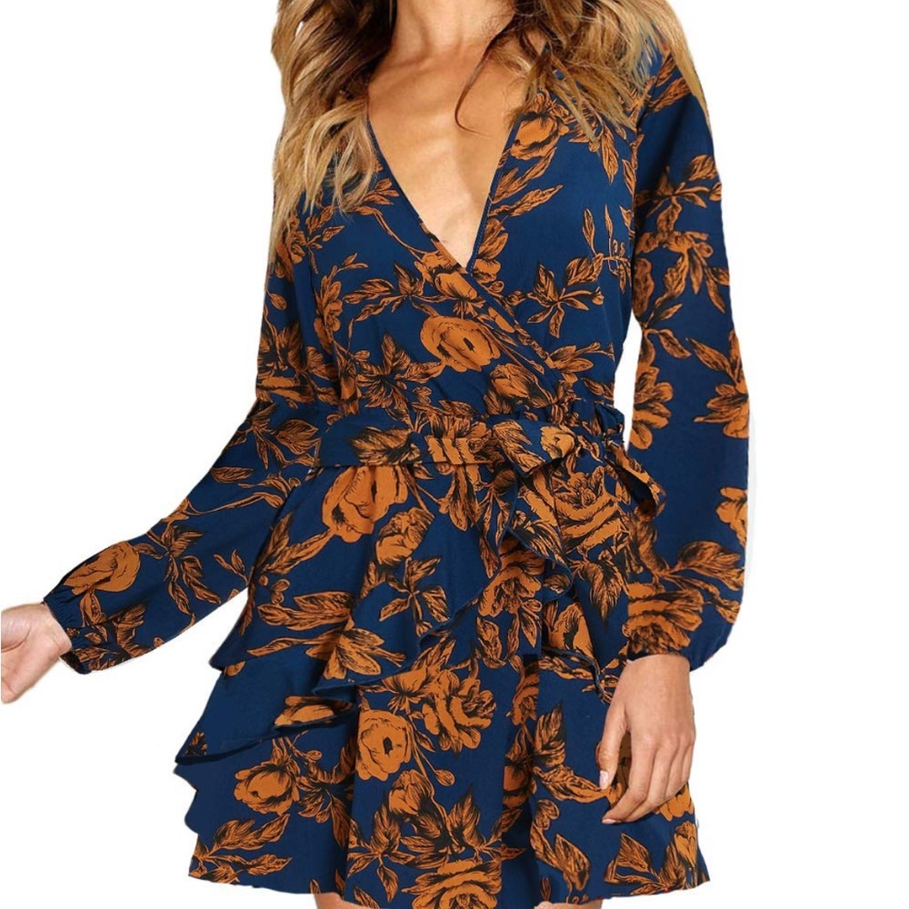 Floral Wrap Dress in Blue and Orange